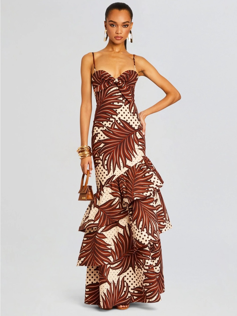 Retrofete NEW Brown Black Polka Dot Palm Ruffled Starla Maxi Dress Size Medium